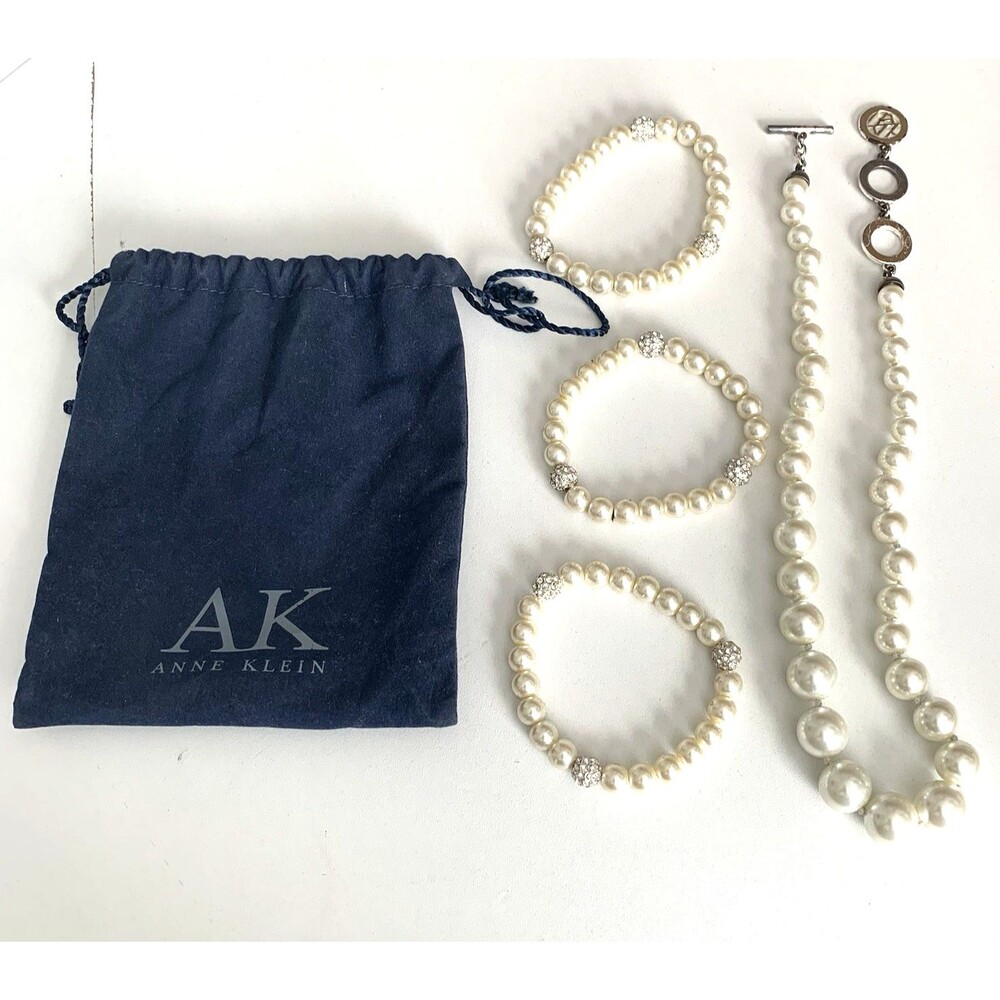 Anne Klein Silver Tone 4-PC Faux Pearls Necklace &Bracelet Set w/Crytal Accents - Picture 1 of 6